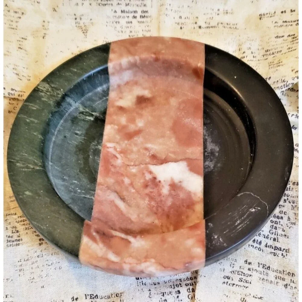 Vintage - Heavy Marble/Stone Black and Pink Ash Tray, Candle Holder, Catch-all